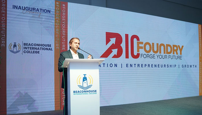 A speaker addresses the Beaconhouse International Colleges (BIC) BIC Foundry, an incubation centre fostering student entrepreneurship. — Facebook@bicbeaconhouse/File