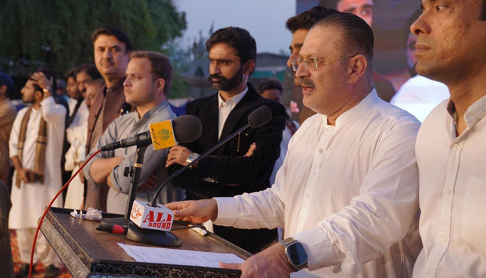 Sindh Senior Minister and Minister for Information, Transport, and Mass Transit Sharjeel Inam Memon, while addressing the 57th Foundation Day ceremony of the Pakistan Peoples Party in Mirpurkhas on November 30, 2024. — Facebook@SharjeelInamMemon63