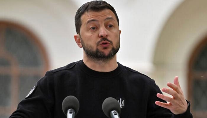 Ukrainian President Volodymyr Zelensky speaks during a press conference with President of the European Commission Ursula Von der Leyen in Kyiv on May 9, 2023. — AFP