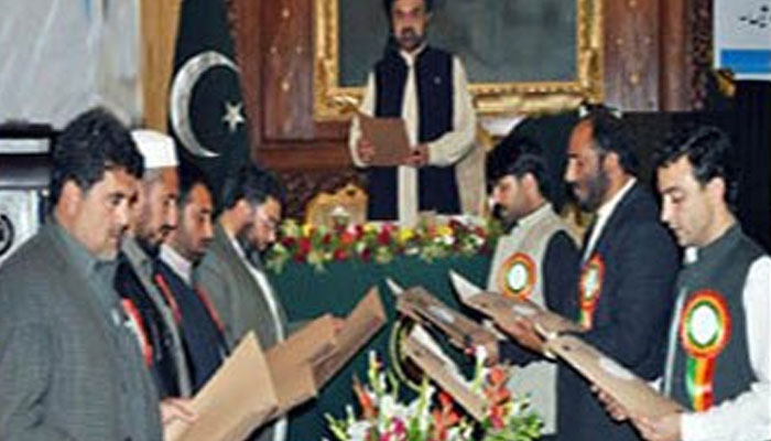An image of Tribal Union of Journalists office bearers taking oath.— Facebook@TribalUnionOfJournalistsFataPakistanwwwtujcompk/File