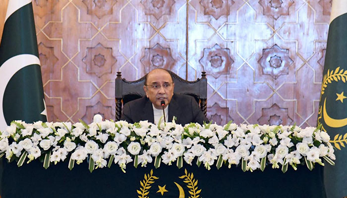 President Asif Ali Zardari addressing the participants of the 5th International Workshop for Leadership & Stability organized by the National Defence University (NDU), at Aiwan-e-Sadr, February 22, 2025— APP
