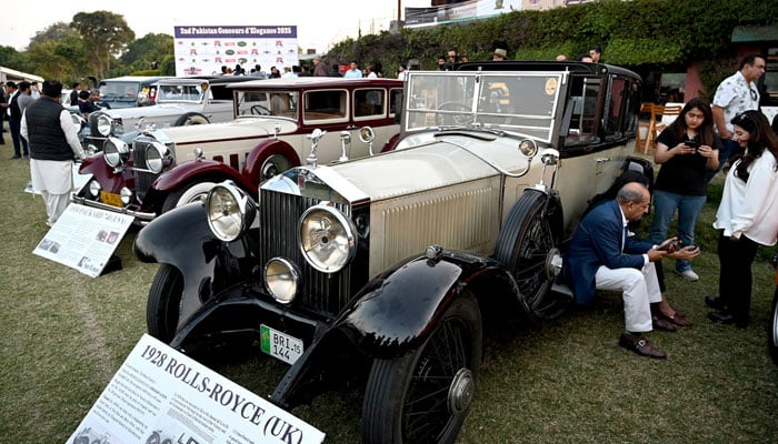 People visit the Vintage Car Show in celebration of the Horse and Cattle Show 2025 organised by the Vintage Classic Car Club of Pakistan, in collaboration with PHA at the Polo Ground on February 23, 2025. —  APP