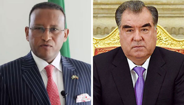 This collage shows Ethiopian Ambassador Dr Jemal Beker Abdula (left) and President of the Republic of Tajikistan Emomali Rahmon. — @JemalBeker1/mfa.tj/File