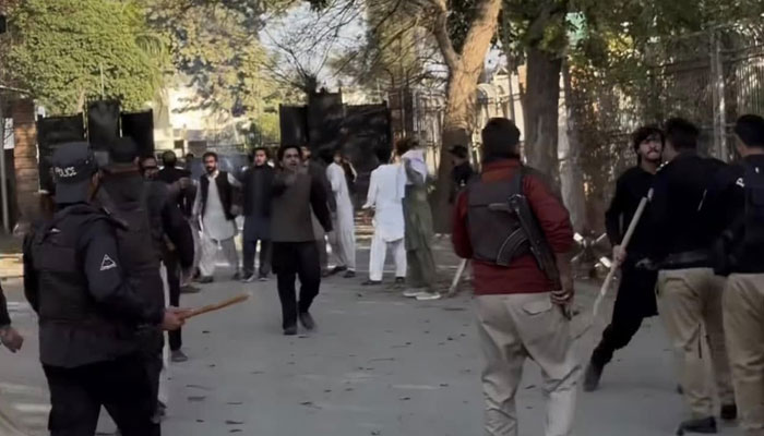 A view of a clash between students and police outside the Khyber Medical College (KMC) on February 23, 2025. — Facebook@KPJamiat