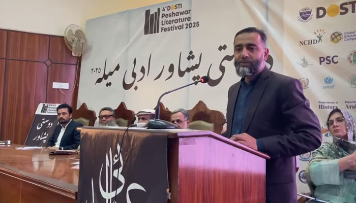 Participant speaks during a seminar at the Dosti Peshawar Literature Festival on February 22, 2025. — Screengrab via Facebook@peshawarfest