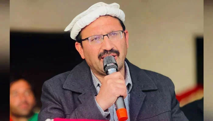 Pakistan Tehreek-i-Insaf (PTI) provincial president and MNA Junaid Akbar Khan addresses a gathering. — Facebook@Junaid Akbar Khan/File