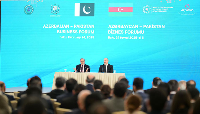 Prime Minister Muhammad Shehbaz Sharif addresses the Azerbaijan Pakistan Business Forum in Baku on February 24, 2025.— PID