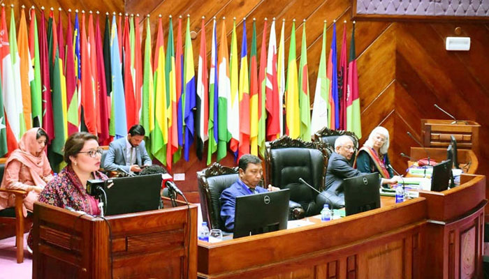 Coordinator to the Prime Minister on Climate Change Romina Khurshid Alam addresses an opening ceremony of an international seminar on Networking of Water Centers of Excellence in Organisation of Islamic Cooperation (OIC) Member States at COMSTEC Secretariat on February 24, 2025. — APP