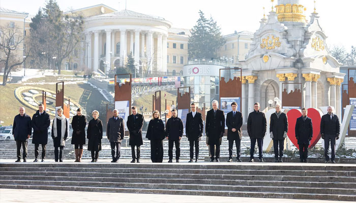 Ukraines President Volodymyr Zelenskiy with his wife Olena, European Commission President Ursula von der Leyen, European Council President Antonio Costa, Canadas Prime Minister Justin Trudeau, Spanish Prime Minister Pedro Sanchez, Latvias President Edgars Rinkevics, President of Lithuania Gitanas Nauseda, Estonian Prime Minister Kristen Michal, Denmarks Prime Minister Mette Frederiksen, Icelandic Prime Minister Kristrun Frostadottir, Norwegian Prime Minister Jonas Gahr Stoere, Finnish President Alexander Stubb, Swedens Prime Minister Ulf Kristersson visit a makeshift memorial place displaying Ukrainian flags with the names of fallen service members, at the Independence Square, amid Russias attack on Ukraine, in Kyiv, Ukraine February 24, 2025. — Reuters