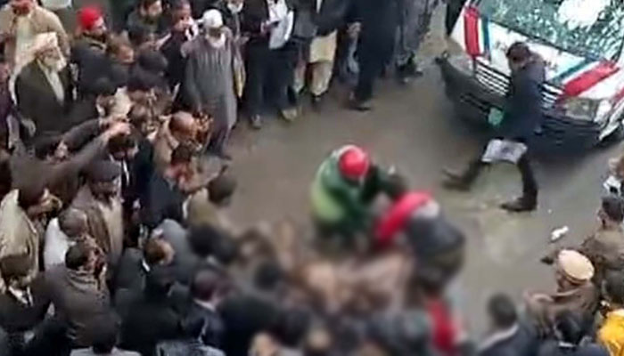 Police and Rescue officials rescue the victim Asif Javed a former employee of a well-known brand who tried to self-immolate against his dismissal from employment at High Court premises in Lahore on February 25, 2025. — PPI