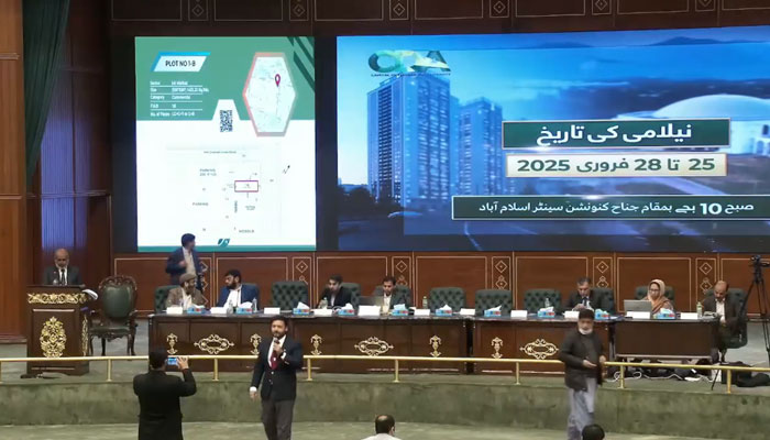 A picture taken during auction of commercial plots by the Capital Development Authority (CDA) at the Jinnah Convention Centre on February 25, 2025. — Screengrab via Facebook@cda.isb.pk
