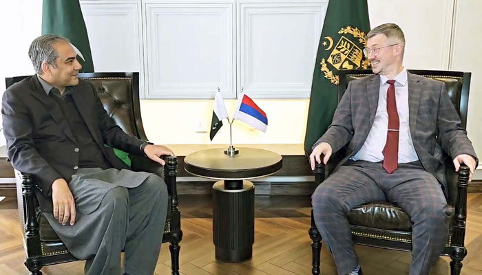 Interior Minister Mohsin Naqvi (left) in a meeting with Russian Ambassador Albert P. Khorev on February 25, 2025. — APP
