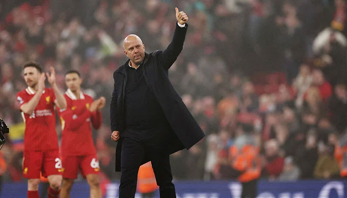 Arne Slot celebrates after Liverpools victory over Leicester City in Premier League on December 26, 2024. — Reuters