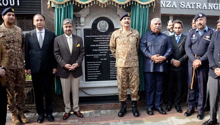 Senior military and civilian officials, including Lt. Gen. Shahid Imtiaz (centre) in a group photo after unveiling the Underground Electrification Uplifting and Bank Road project on February 26, 2025. — NNI