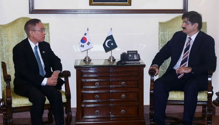 Sindh Chief Minister Syed Murad Ali Shah (right) meets with the Ambassador of the Republic of Korea Park Kijun at CM House on February 26, 2025. — Facebook@SindhCMHouse