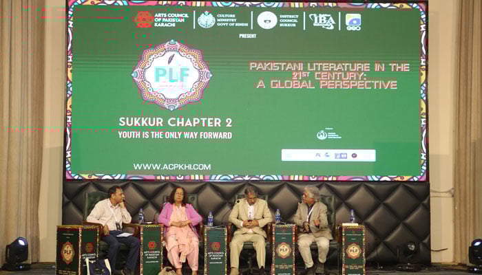 Participant speaks during a session at the two-day Pakistan Literature Festival 2025 Sukkur Chapter II, organised by the Arts Council of Pakistan Karachi, concluded at Sukkur IBA University on February 26, 2025. — Facebook@ACPKHI