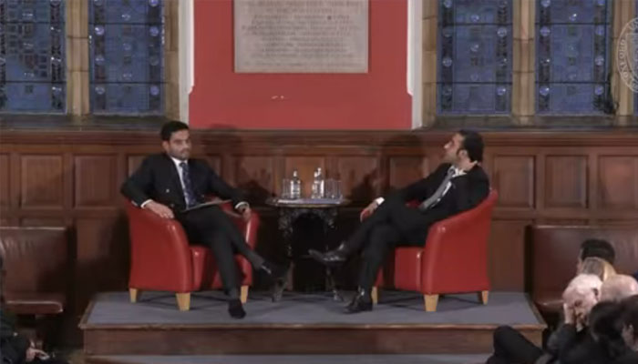 Pakistan Peoples Party (PPP) Chairman Bilawal Bhutto Zardari in an interview with the Oxford Union Society on February 26, 2025. — Screengrab via Facebook@Bilawalhouse