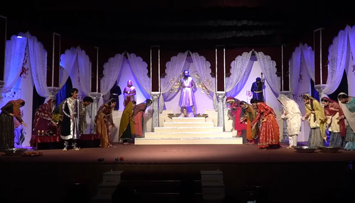 Actors perform on stage during a classical play Anarkali at Government College University (GCU) on February 26, 2025. — Facebook@ProfDrMuhammadAliOfficialPage