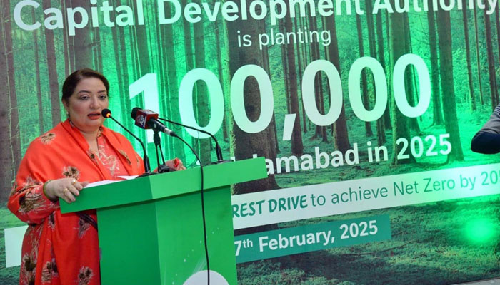 Coordinator to Prime Minister on Climate Change Romina Khurshid Alam addresses an event on planting 100,000 in Islamabad on February 27, 2025. — APP