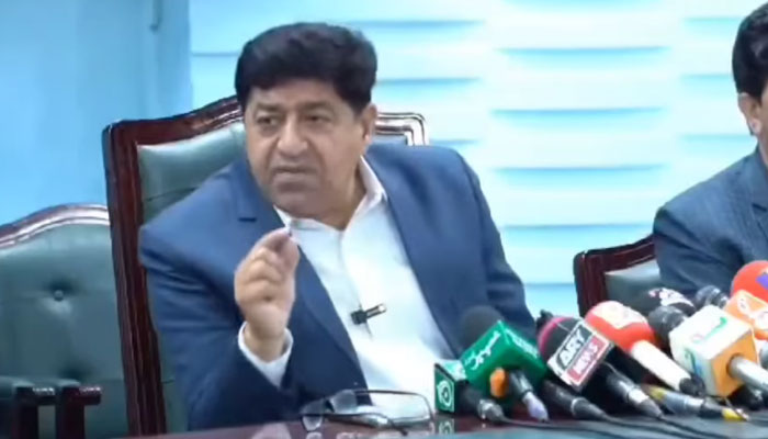Khyber Pakhtunkhwa Minister for Food Zahir Shah Toru addresses a press conference on February 27, 2025. — Screengrab via Facebook@Zahir Shah Toru