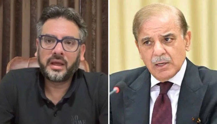 This collage shows Advisor to Khyber Pakhtunkhwa Chief Minister on Finance and Inter-Provincial Coordination Muzzamil Aslam (left) and Prime Minister Shehbaz Sharif. — Screengrab via YouTube@MuzzammilsDeskTCA/PID/File