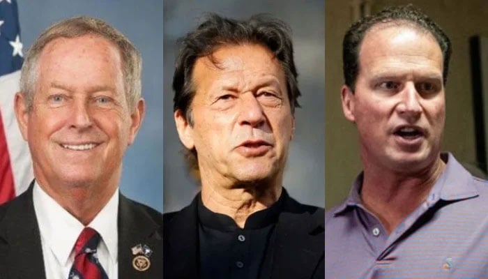 (From left to right) US Congressman Joe Wilson, PTI founder Imran Khan and American lawmaker August Pfluger. —Reuters/X@RepJoeWilson/File