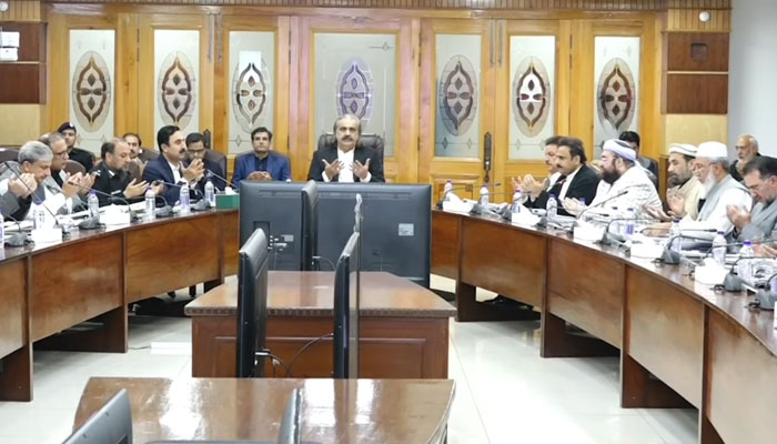 Chief Minister Ali Amin Khan Gandapur chairs the 26th cabinet meeting on February 28, 2025. — Screengrab via Facebook@AliAminKhanGandapurPti