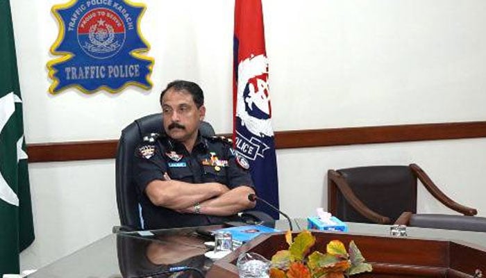 Newly posted chief of the Karachi Traffic Police DIG Pir Muhammad Shah looks on during a meeting on February 27, 2025. — Facebook@karachitrafficpoliceofficial