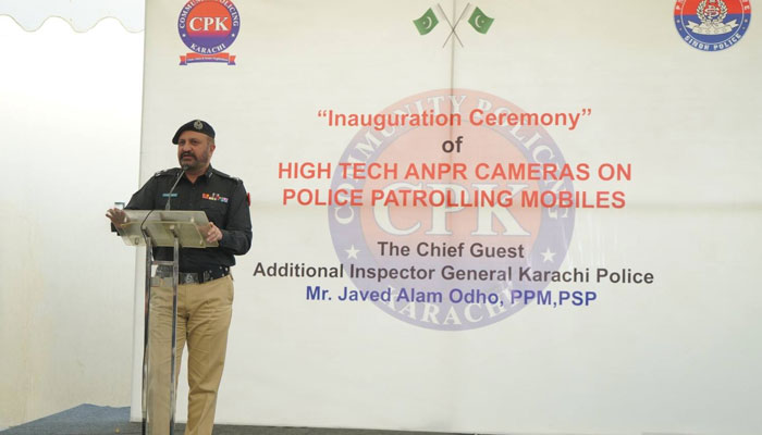 Karachi police chief Javed Alam Odho addresses the launching ceremony of the ANPR system on February 28, 2025. — Facebook@KarachiPoliceOfficial