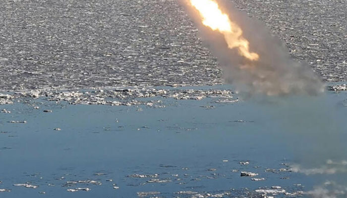 This picture taken on February 26, 2025 shows a strategic cruise missile during a drill by the Korean Peoples Army, on the coast of the West Sea of Korea, or Yellow Sea, in North Korea. — AFP