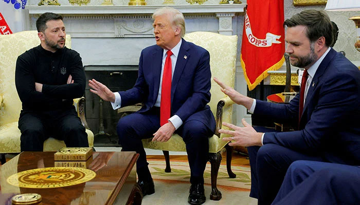 President Donald Trump meets with Ukrainian President Volodymyr Zelenskiy as US Vice President JD Vance reacts at the White House in Washington, DC, US, February 28, 2025. — Reuters