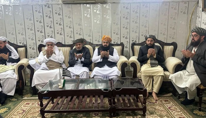 Jamiat Ulema-e-Islam-Fazl (JUIF) delegation offer condolences of the martyrdom of Maulana Hamidul Haq Haqqani and others in Akora Khattak on March 2, 2025. — Facebook@jhaqqania47