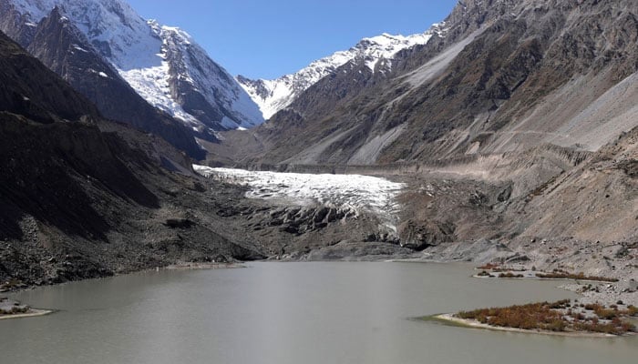 The Gamoo Bhr glacial lake pools in front of the Darkut glacier in Darkut village, Yasin valley, in the Gilgit-Baltistan region of Pakistan, October 11, 2023. — Reuters