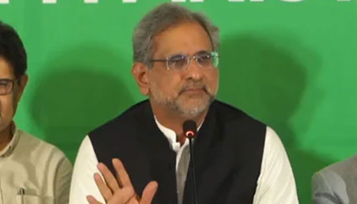 Awam Pakistan leader Shahid Khan Abbasi speaks in a meeting in Islamabad on July 6, 2024. — Screengrab via Facebook@Miftah Ismail