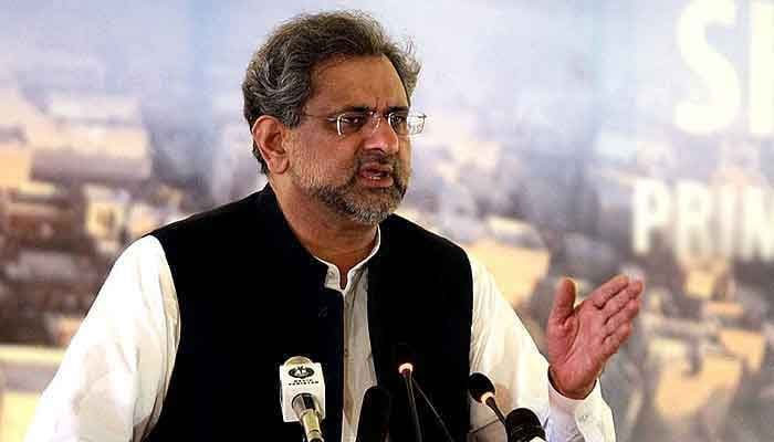 Former prime minister Shahid Khaqan Abbasi addresses a press conference in this undated photo. — APP/File