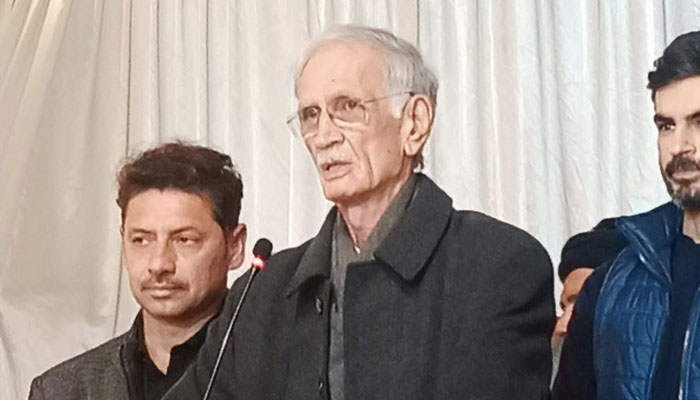 Advisor to Prime Minister and former chief minister Pervez Khattak addresses a public gathering. — Facebook@CMKPOfficial/File