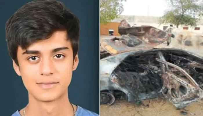 This collage shows  deceased Mustafa Amir (left) and a torched vehicle from which his body was recovered. — Facebook@SabaButt/File/Screengrab/GeoNews