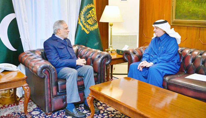 Deputy Prime Minister and Foreign Minister Senator Mohammad Ishaq Dar (left) exchanges views with Ambassador of Saudi Arabia to Pakistan Nawaf bin Said Al-Malki during a meeting at the Ministry of Foreign Affairs on March 3, 2025. — APP