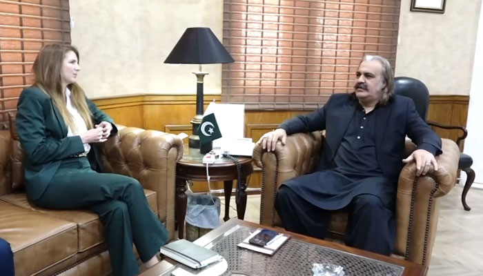 Chief Minister Ali Amin Gandapur (right) exchanges views with British High Commissioner Jane Marriott in a meeting on March 4, 2025. — Screengrab via Facebook@AliAminKhanGandapurPti