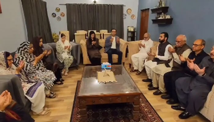 Pakistan Peoples Party (PPP) Chairman Bilawal Bhutto Zardari and Aseefa Bhutto Zardari offer condolences on the death of former Sindh minister Abdullah Balochs sons at his residence in the Old Golimar area of District Keamari on March 4, 2025. — Screengrab via Facebook@Bilawalhouse