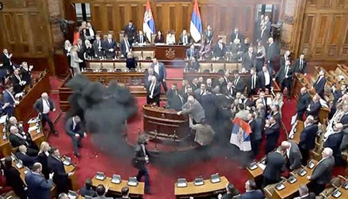 Serbian opposition lawmakers let off smoke grenades inside Serbian parliament, in Belgrade, Serbia March 4, 2025, in this screengrab taken from a video. — Reuters