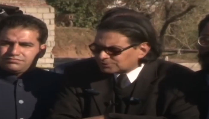 Pakistan Tehreek-e-Insaf (PTI) Secretary General Barrister Salman Akram Raja speaking to the media outside the Central Jail after meeting Imran Khan, March 4, 2025. — Screengrab via YouTube@geonews