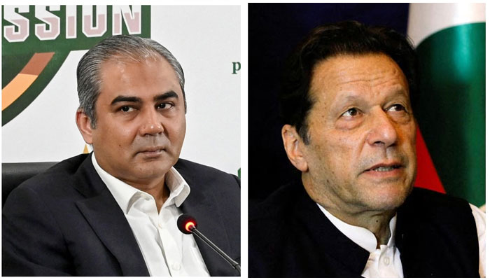 A collage of Interior Minister Mohsin Naqvi and PTI founder Imran Khan. — AFP/Reuters/File