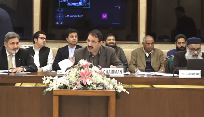 Chairman PAC Junaid Akbar presiding the meeting, March 4, 2025. — Screengrab via Facebook@NationalAssemblyOfPakistan