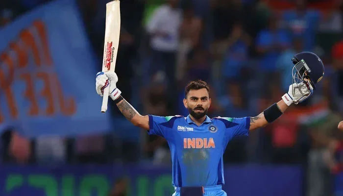 Indias Virat Kohli celebrates after scoring a century during the ICC Mens Champions Trophy 2025 match against Pakistan at the Dubai International Cricket Stadium in Dubai on February 23, 2025. — BCCI