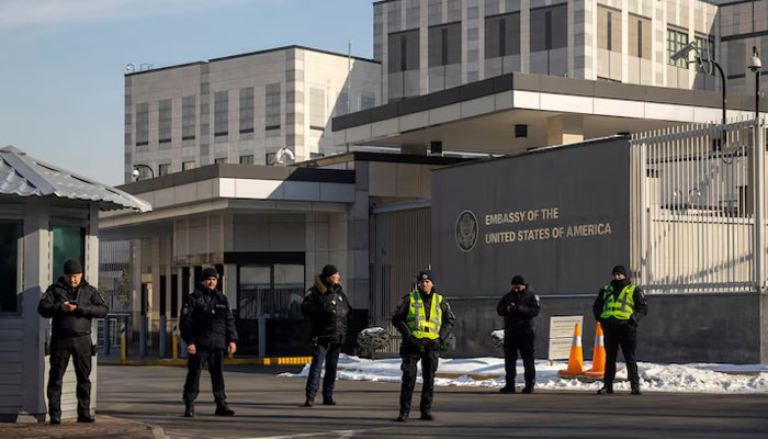 Police keep watch outside the US embassy, amid Russias attack on Ukraine, in Kyiv, Ukraine February 26, 2025. — Reuters