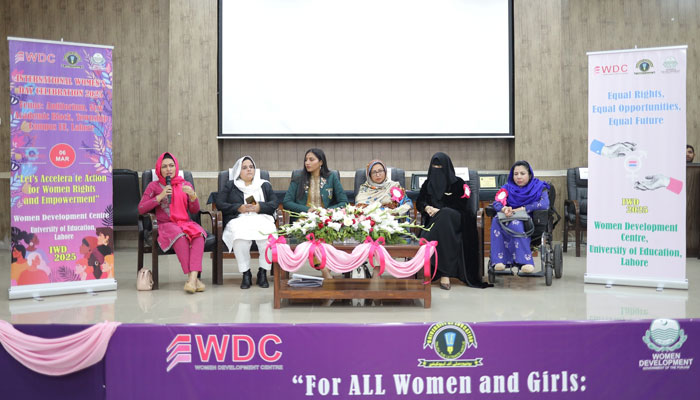 A participant speaks during an event to commemorate International Women’s Day 2025 at the University of Education on March 6, 2025. — Facebook@ue.edu.pk.official