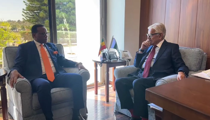 Ambassador Ethiopia to Pakistan (left) exchanges views with Federal Minister for Defence and Aviation Khawaja Muhammad Asif during a meeting on March 6, 2025. — Screengrab via Facebook@khawajaAsifofficial