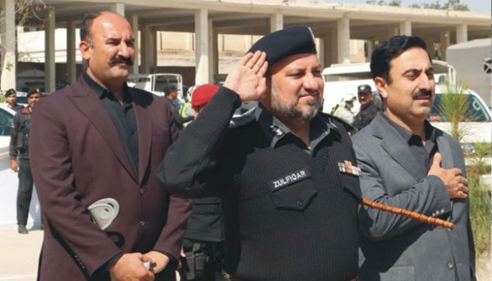(from left) Provincial Minister of Public Health Engineering for KP Pakhtoon Yar Khan, IGP Zulfiqar Hameed and CS Shahab Ali Shah attended a police darbar at Ijaz Shaheed Police Lines during their visit to  Dera Ismail Khan on March 6, 2025. — Facebook@pakhtunkhwapolice