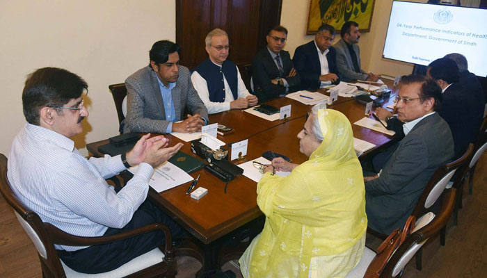 Sindh Chief Minister Syed Murad Ali Shah presides over a meeting to review the health indicators at CM House in Karachi on March 6, 2025. — PPI